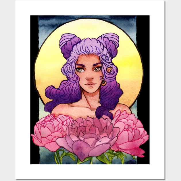 Girl with Purple Ombre Hair and Peonies Wall Art by Doodleholic